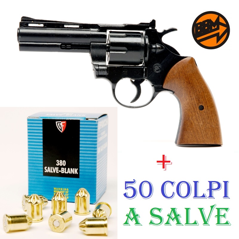 Scacciacani bruni magnum - pistola a salve top firing in calibro 380 mm con valigetta - arma da segnalazione acustica e da collezione con pacco di 50 colpi a salve - replica del revolver colt python 4 pollici di colore nero marca bruni guns.